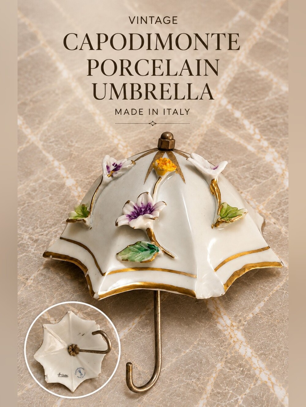 Vintage Capodimonte Porcelain Figurine Italy Umbrella Rainy Day Floral Flower